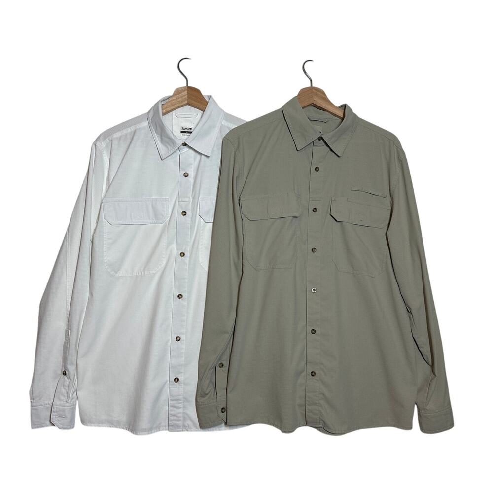 33,000ft Lot of 2 Men's Long Sleeve Hiking Shirts Sz M White & Khaki UPF 50+